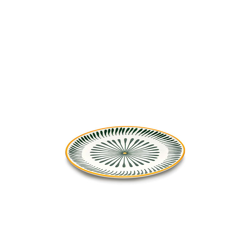 Plato llano ovalado con espiral floral verde oscuro y borde amarillo