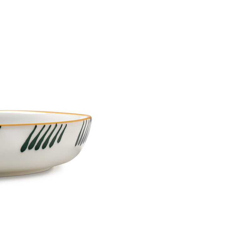 Borde de plato cerámico blanco con contorno amarillo y rayas verdes en el lateral.