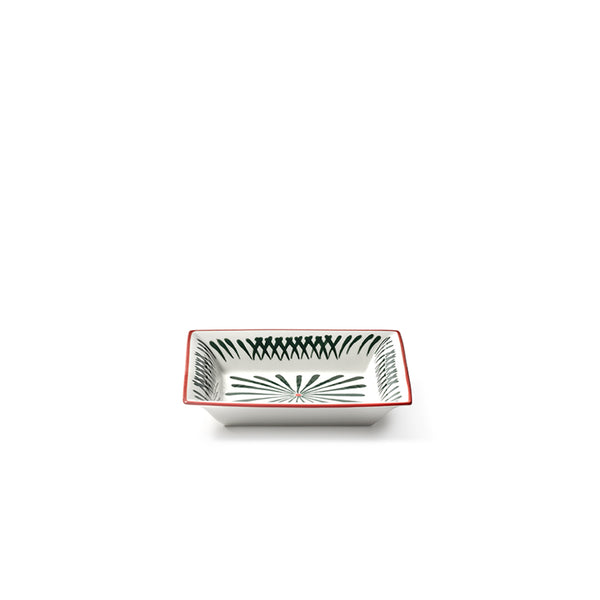 Plato rectangular de cerámica con borde rojo y decoración verde y negra