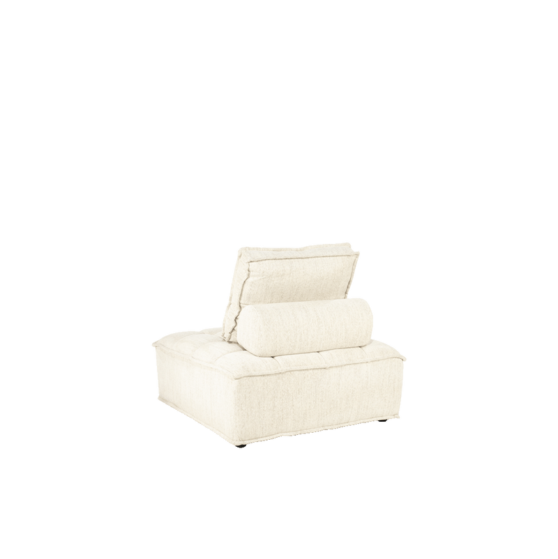 Módulo de sofá tapizado blanco roto, vista 3/4 con reposacabezas y base baja