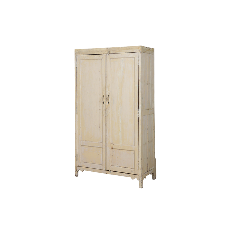 Armario de madera con dos puertas, vista lateral, acabado claro y bisagras metálicas