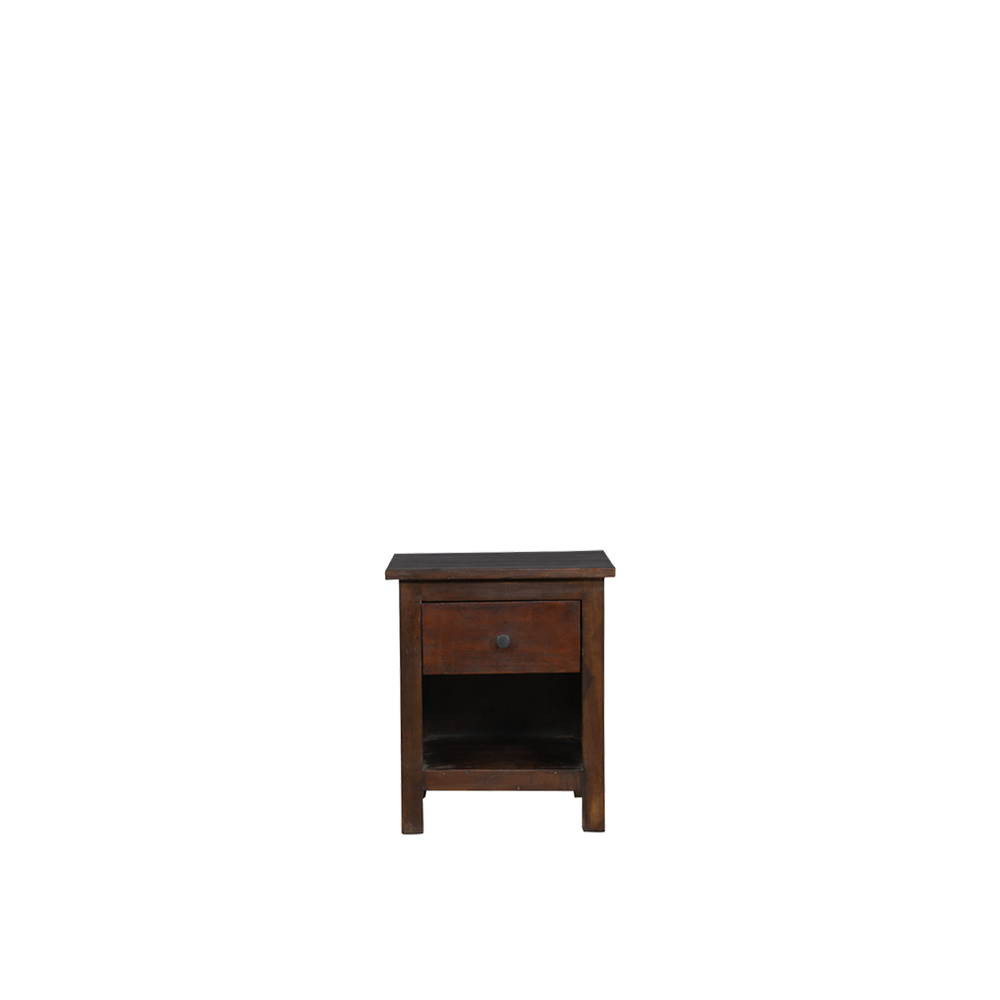 Mesita de noche de madera oscura con cajón y estante inferior, patas torneadas