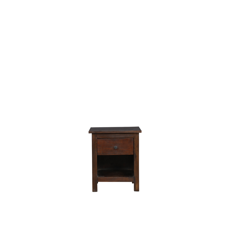 Mesita de noche de madera oscura con cajón y estante inferior, patas torneadas