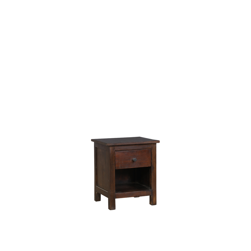 Mesita de noche de madera oscura con cajón frontal y hueco para guardar