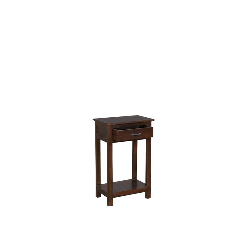 Mesita de noche de teca con cajón y laterales de madera con marco abierto