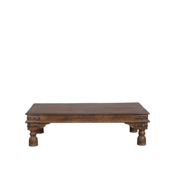 Mesa de centro oriental de madera de teca oscura con patas torneadas