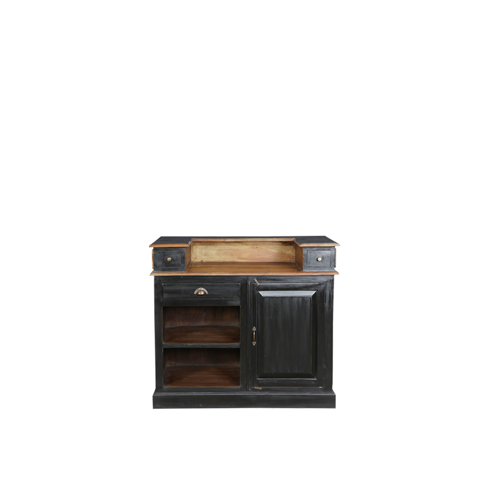 Mostrador de madera de teca negra con cajón y puerta abatible, interior con estante