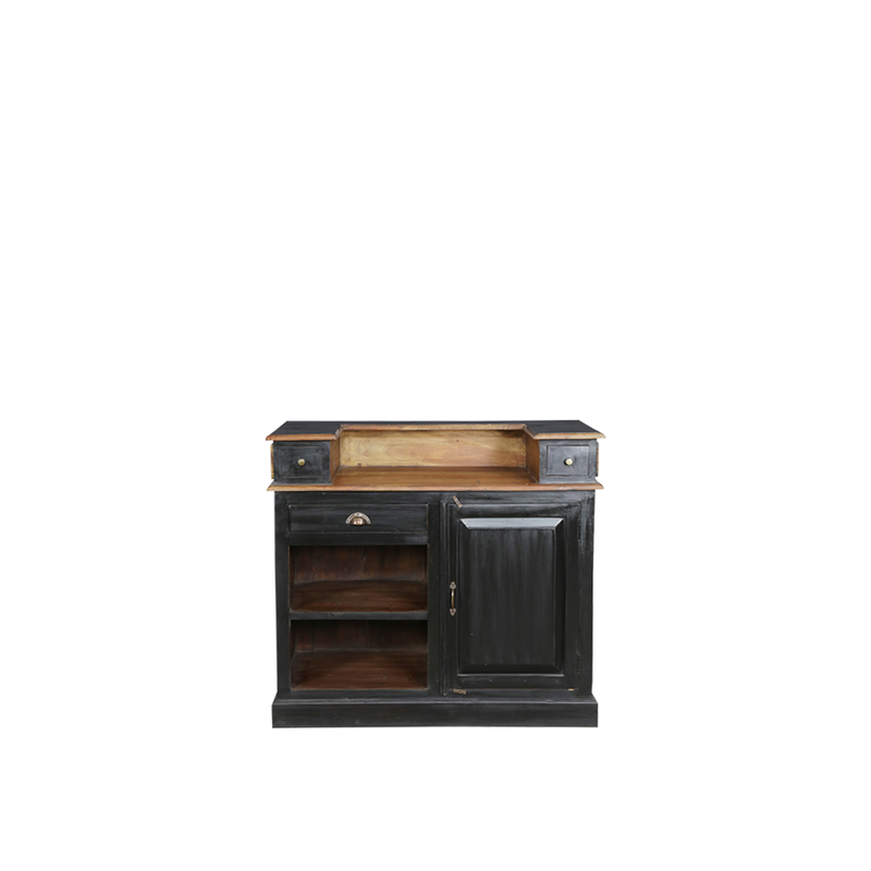 Mostrador de madera de teca negra con cajón y puerta abatible, interior con estante