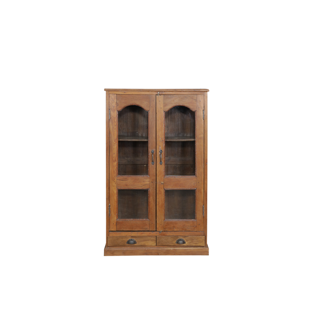 Vitrina de madera estilo artesanal con puertas de vidrio y 2 manijas, con compartimentos