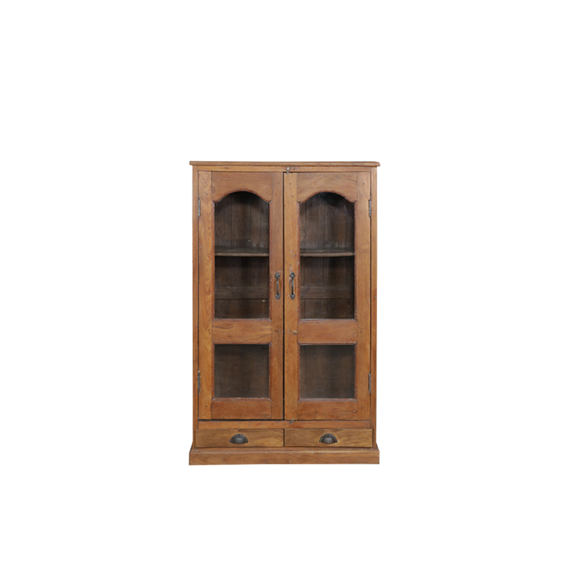 Vitrina de madera estilo artesanal con puertas de vidrio y 2 manijas, con compartimentos