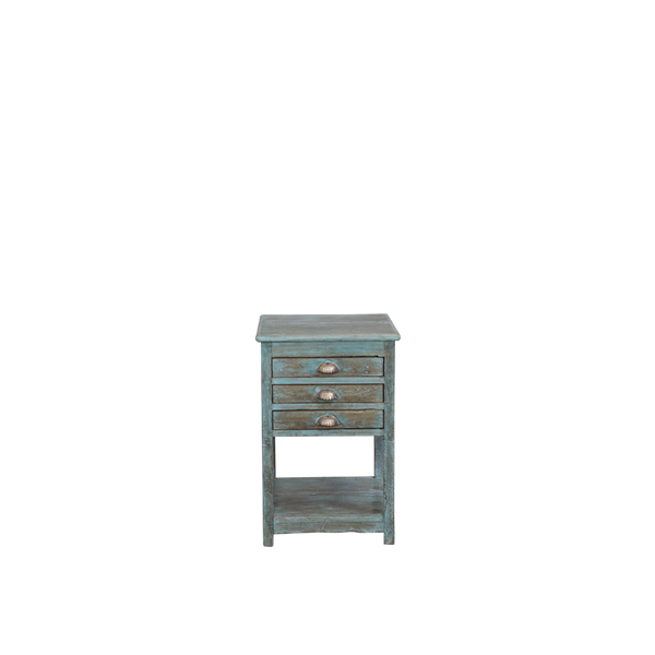Mesita de noche azul vintage con 2 cajones y hueco central abierto