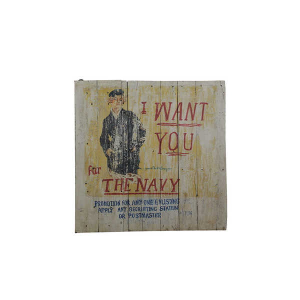 Panel de pared estilo vintage con fondo beige envejecido, figura y texto «I WANT YOU»