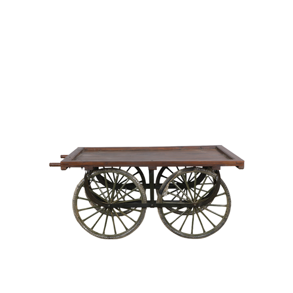 Carrito vintage con bandeja de madera marrón y ruedas de radios metálicos