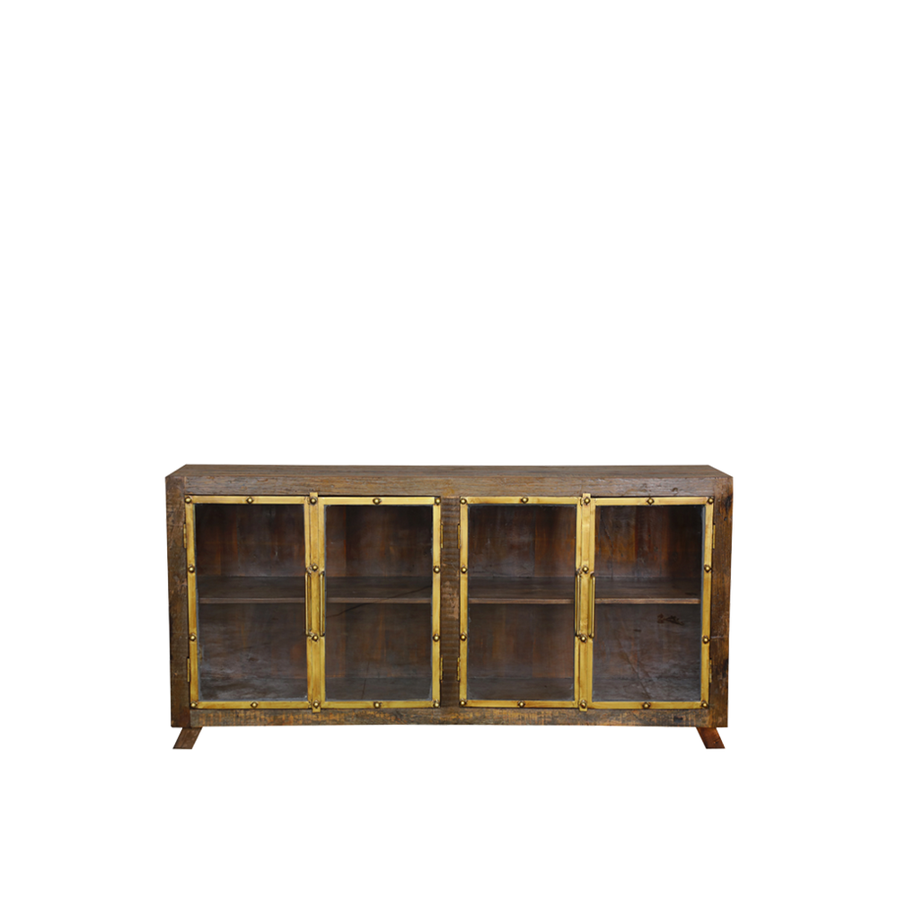 Aparador de madera con 4 puertas de cristal y herrajes metálicos, base con patas