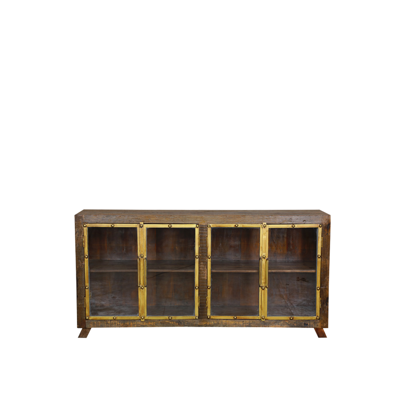 Aparador de madera con 4 puertas de cristal y herrajes metálicos, base con patas