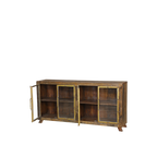 Aparador de madera con puertas de cristal, herrajes dorados y patas de metal, lateral