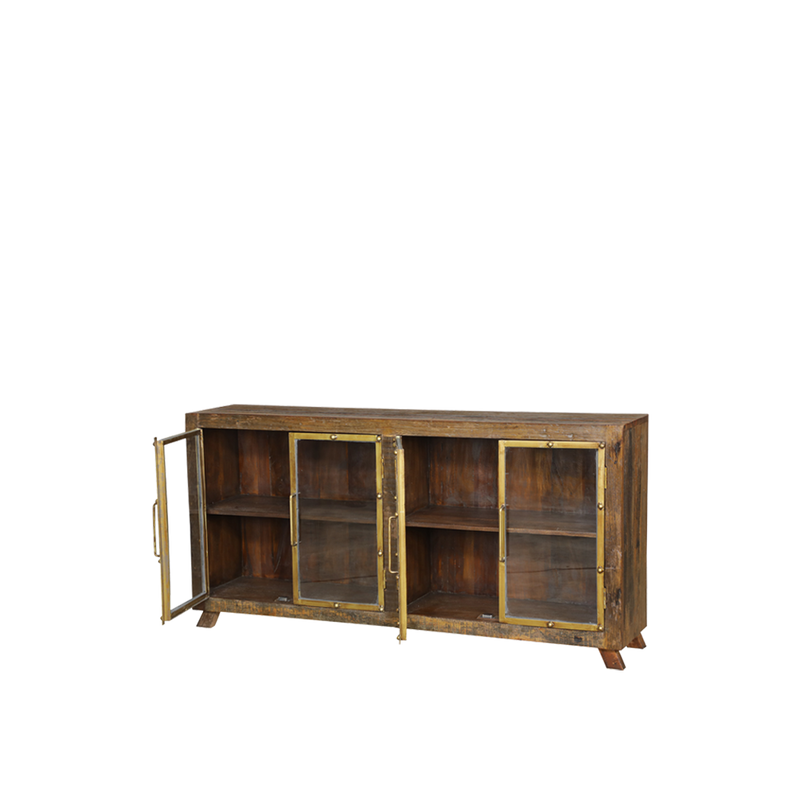 Aparador de madera con puertas de cristal, herrajes dorados y patas de metal, lateral