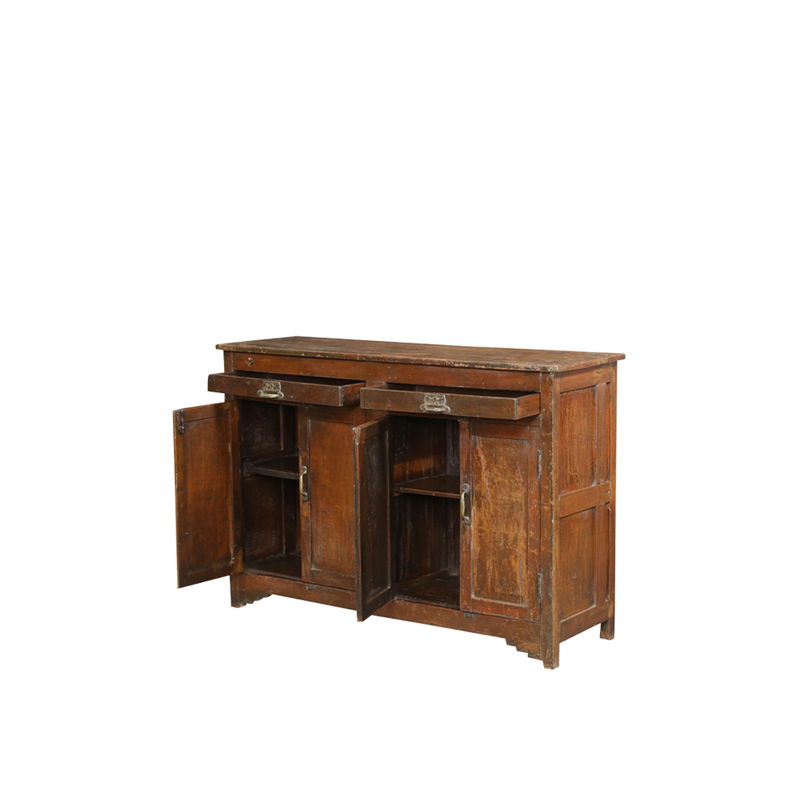 Aparador de madera vintage Indian Treasures con puertas abiertas y compartimentos interiores