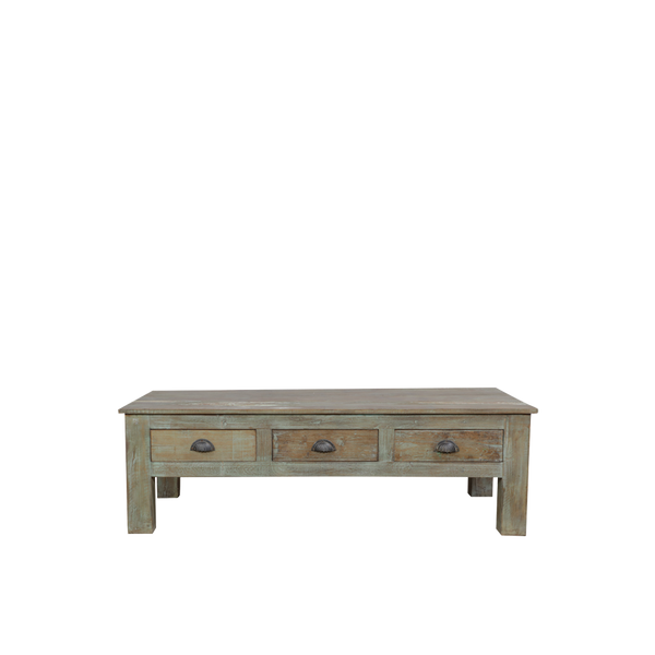 Mesa de centro de madera clara con 3 cajones y tiradores redondos