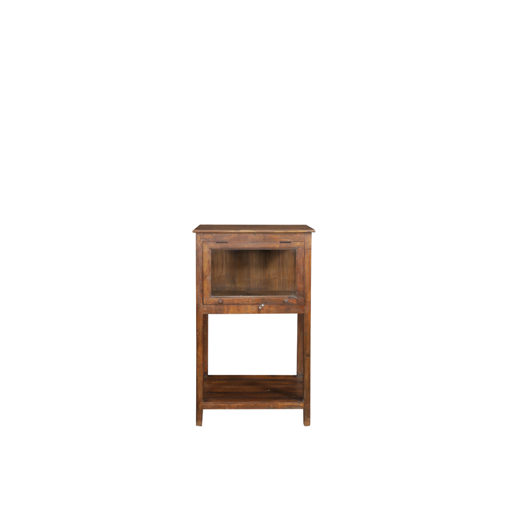 Vitrina expositora de madera estilo vintage con panel de vidrio y repisa inferior