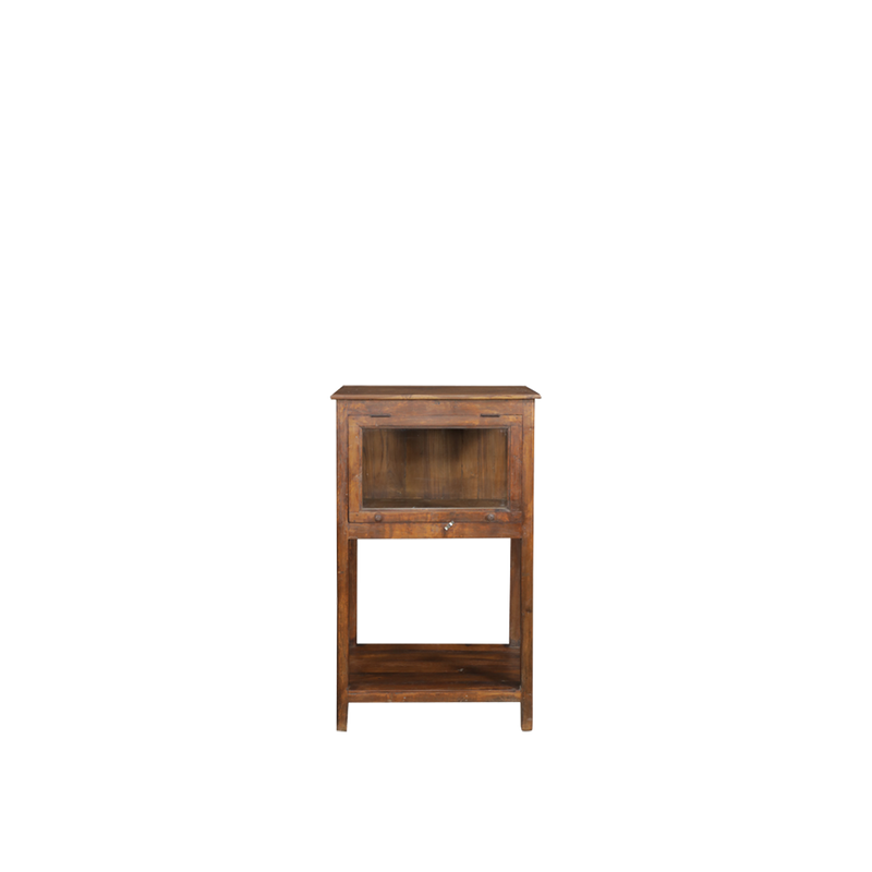 Vitrina expositora de madera estilo vintage con panel de vidrio y repisa inferior