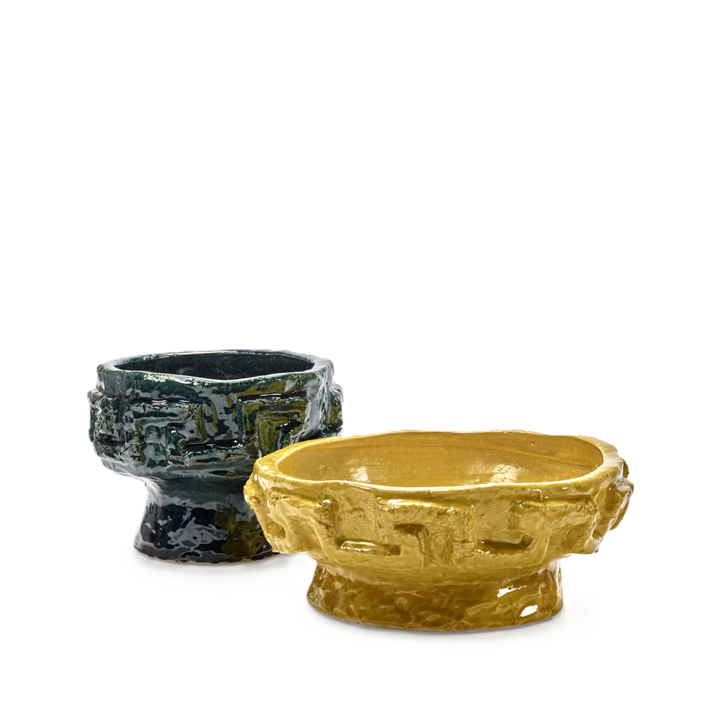 Cuencos de pedestal con esmalte azul verdoso y amarillo, acabado texturizado
