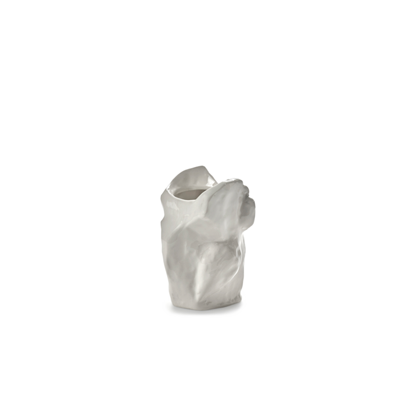 Jarrón de cerámica blanco con forma de búho, vista lateral, acabado mate