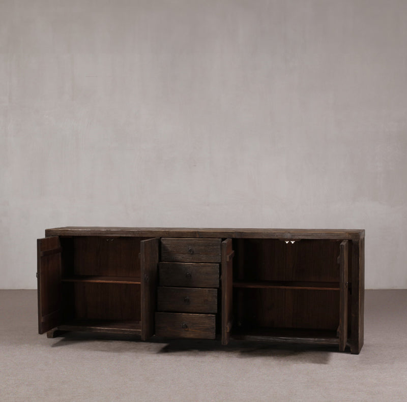 Aparador Heritage de madera con puertas abatibles y 4 cajones; interior visible.