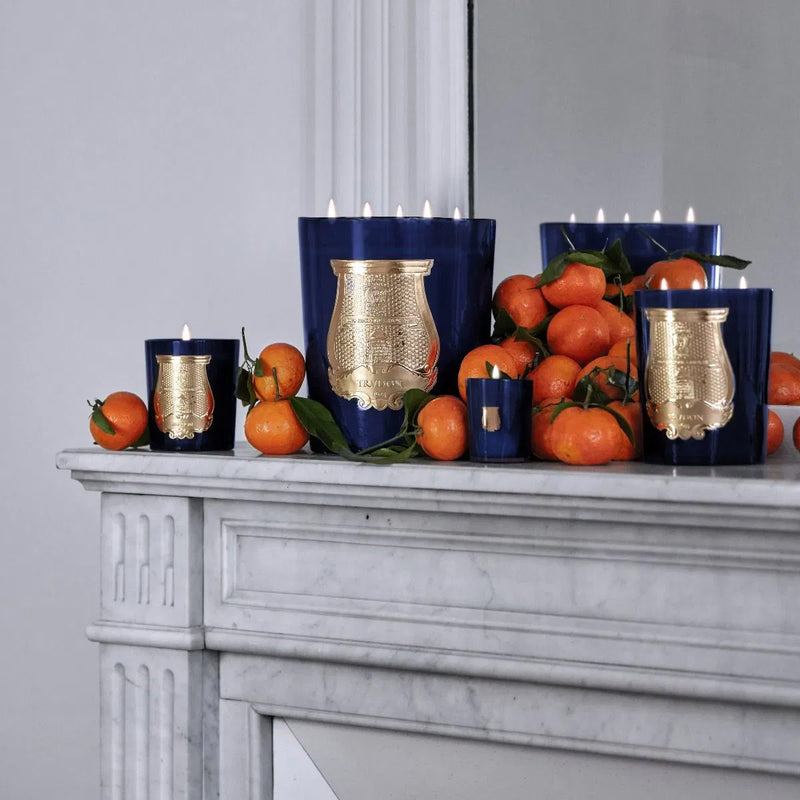 Velas en frascos de vidrio azul con etiqueta dorada y llamas, Vela Trudon BM Reggio