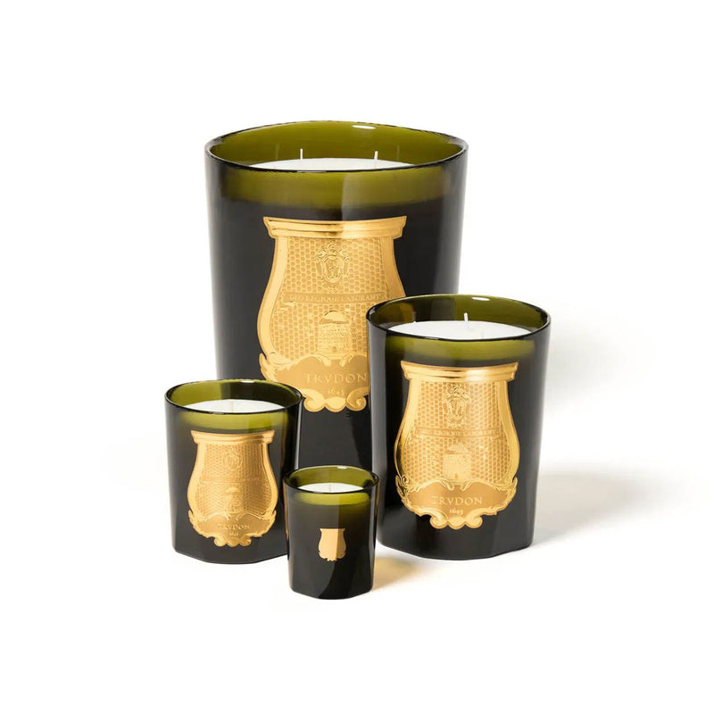 Juego de velas Trudon Ernesto: tres vasos de vidrio negro con detalles dorados.