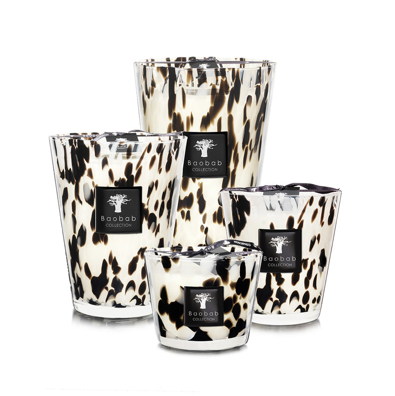 Juego de velas en vasos de vidrio con estampado negro y dorado, varias tallas, etiqueta Baobab.