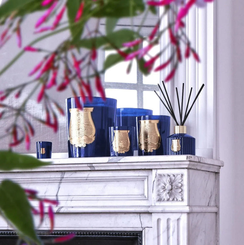 Conjunto de velas en frascos azules con detalles dorados y varillas difusoras