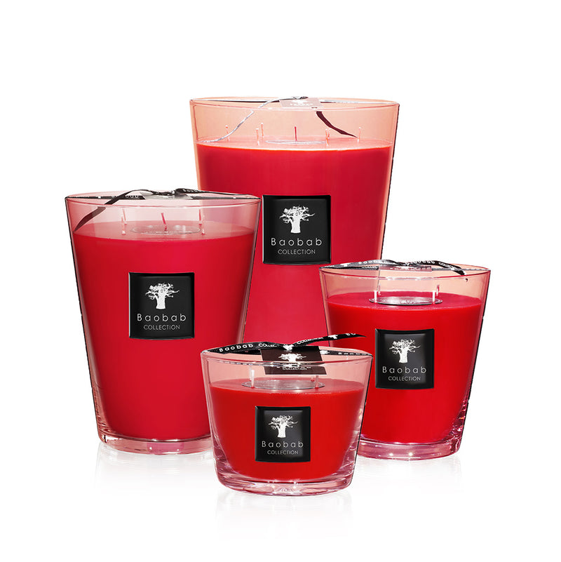 Juego de 5 velas rojas en frascos de vidrio con etiqueta Baobab Collection