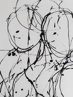 Pintura enmarcada con trazos de tinta negra y círculos sobre fondo blanco
