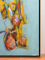 Pintura abstracta con figura de trazos multicolor, primer plano, Patricio Raineri