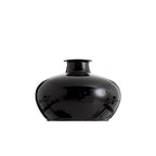 Jarrón de vidrio negro con cuello estrecho y cuerpo abombado, acabado brillante