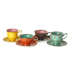 Juego de tazas de té con 4 tazas y platillos: amarillo, naranja, azul y verde