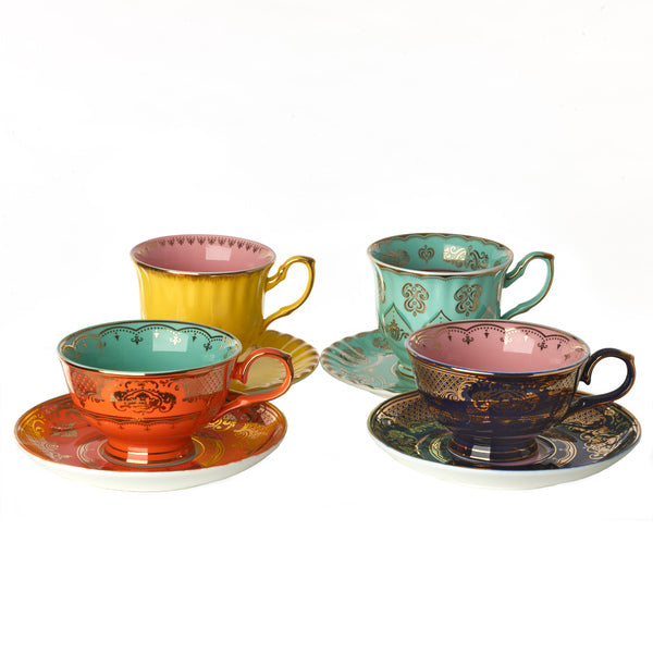 Juego de tazas de té con 4 tazas y platillos, tonos amarillo, naranja, verde y azul