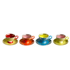 Set de 4 tazas de espresso con platillo, diseño tipo Alice, colores rojo, rosa, azul y verde.