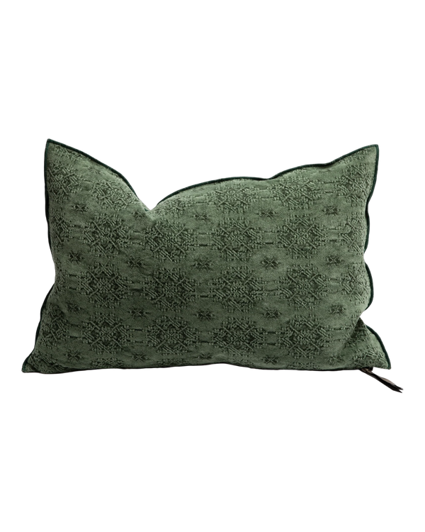Cojín Jacquard Kilim verde con diseño kilim geométrico y ribeteado