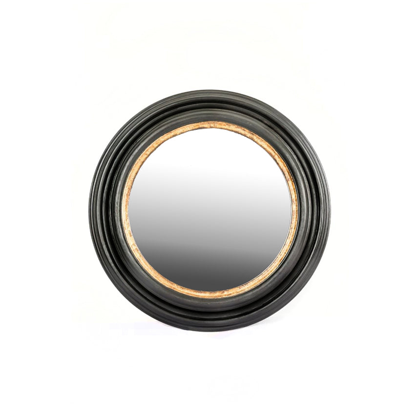 Espejo circular de madera con marco oscuro y borde dorado, Ø88