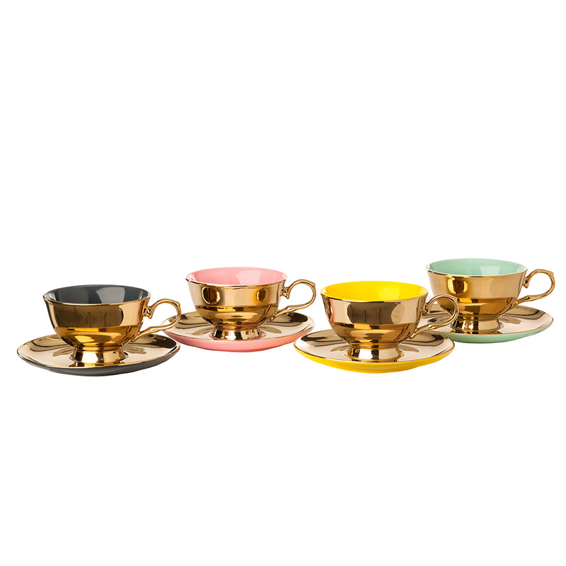 Set de 4 tazas de té con platos dorados y colores rosa, amarillo, verde y negro