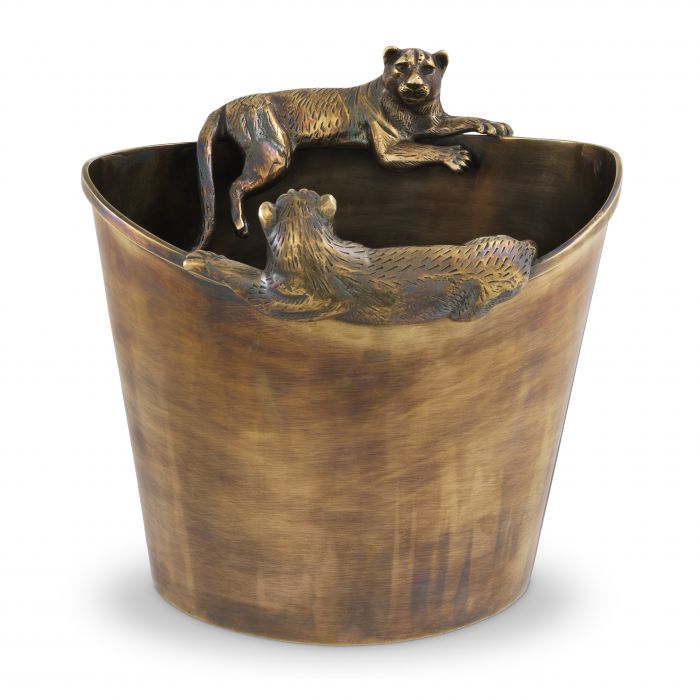 Enfriador de champán de bronce con relieves de osos y bandeja circular