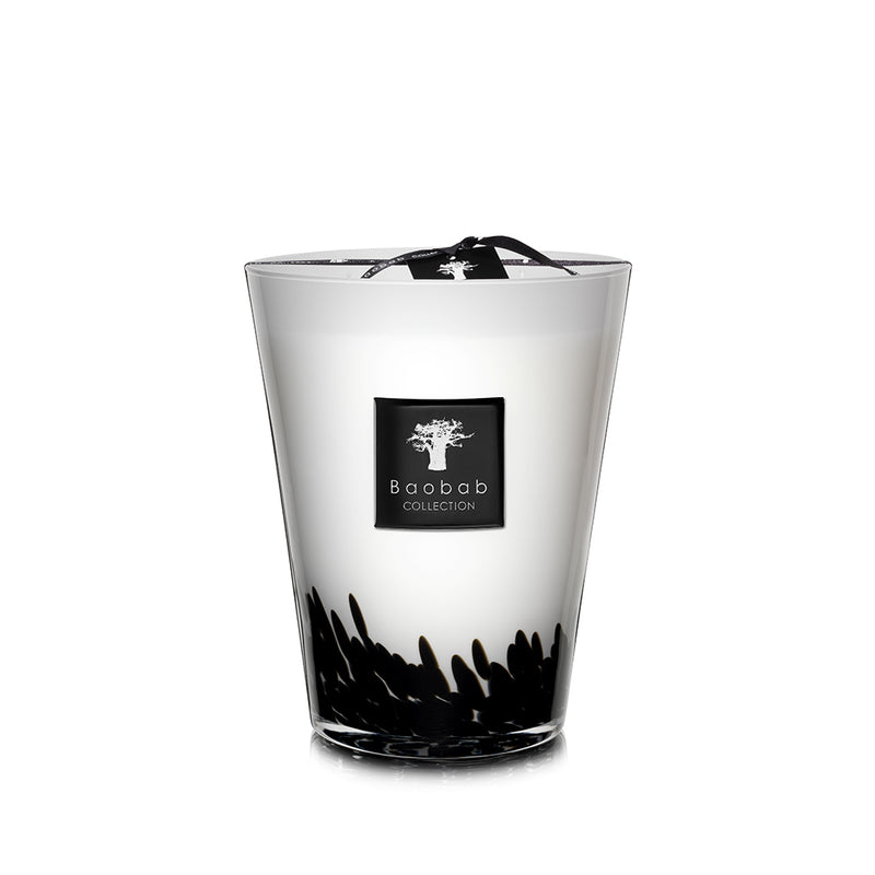 Vela en vaso transparente con etiqueta Baobab Collection y patrón negro tipo hojas