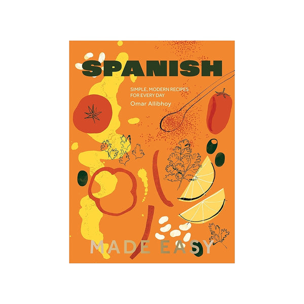 Libro de recetas Spanish Made Easy, portada naranja con ingredientes y título en grande.