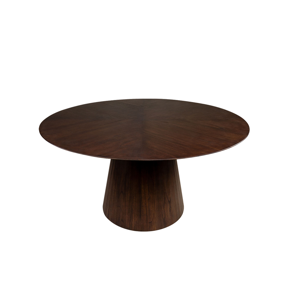 Mesa de comedor redonda de madera oscura, tapa circular y base central cónica