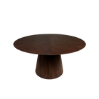 Mesa de comedor redonda de madera oscura, tapa circular y base central cónica