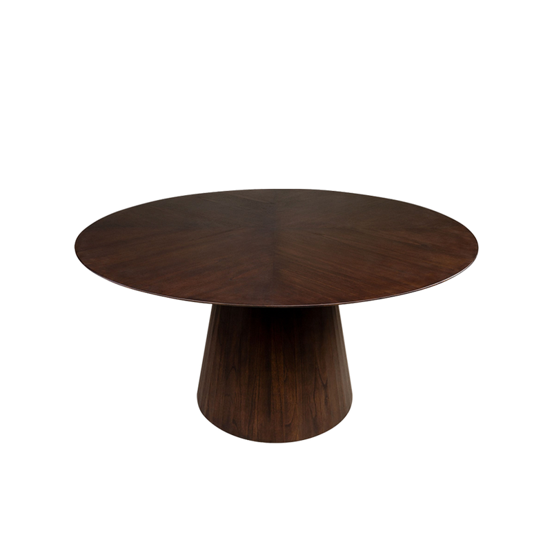 Mesa de comedor redonda de madera oscura, tapa circular y base central cónica