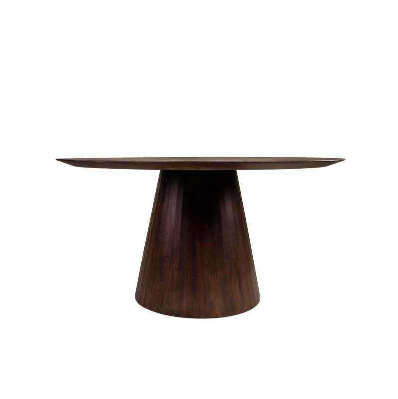 Mesa redonda de madera oscura con pedestal central cónico y tapa amplia