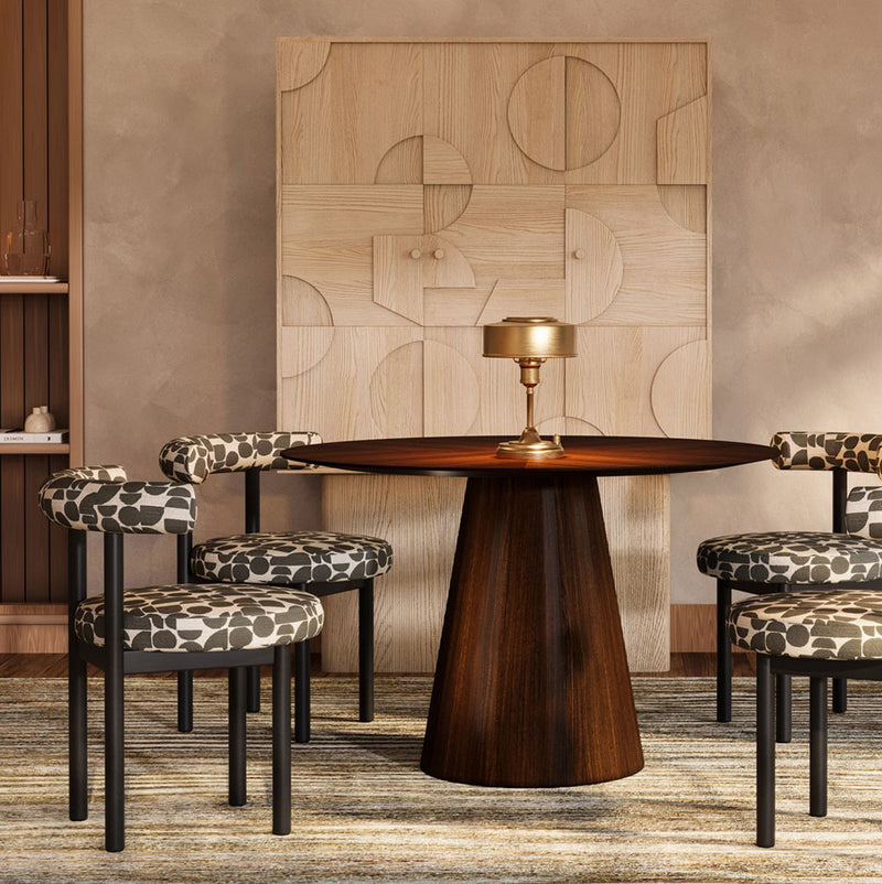 Mesa de comedor redonda de madera oscura con tapa y pedestal central cónico